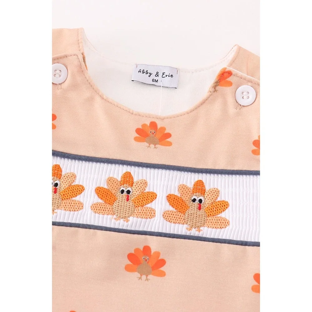 Infant 6M Turkey Romper Smocked‎ Embroidered Thanksgiving Neutral Boutique NEW